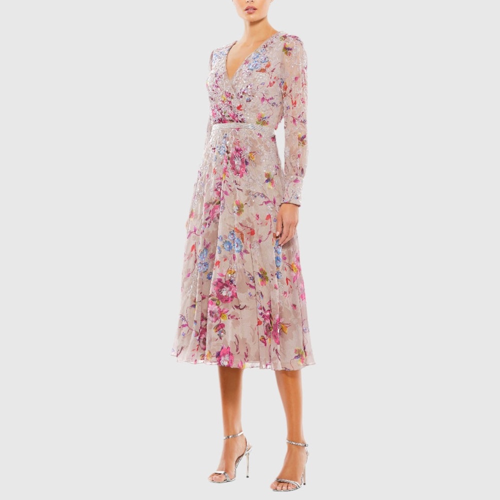 NWT Mac Duggal Hand Embellished Floral Long Sleeve Midi Dress Size 18